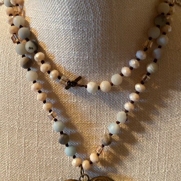 Art by Amy soft pallet color beaded necklace with bronze metal heart with stone. - Picture 3 of 3